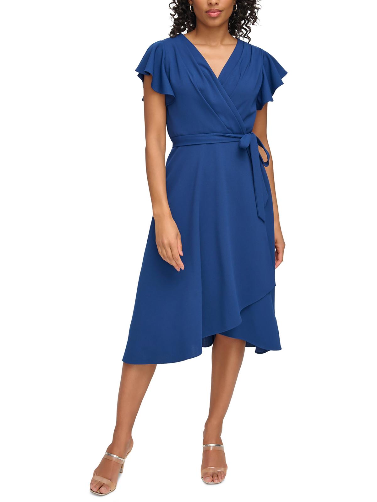 

Женское плиссированное платье миди с имитацией запаха DKNY, цвет coastal blue