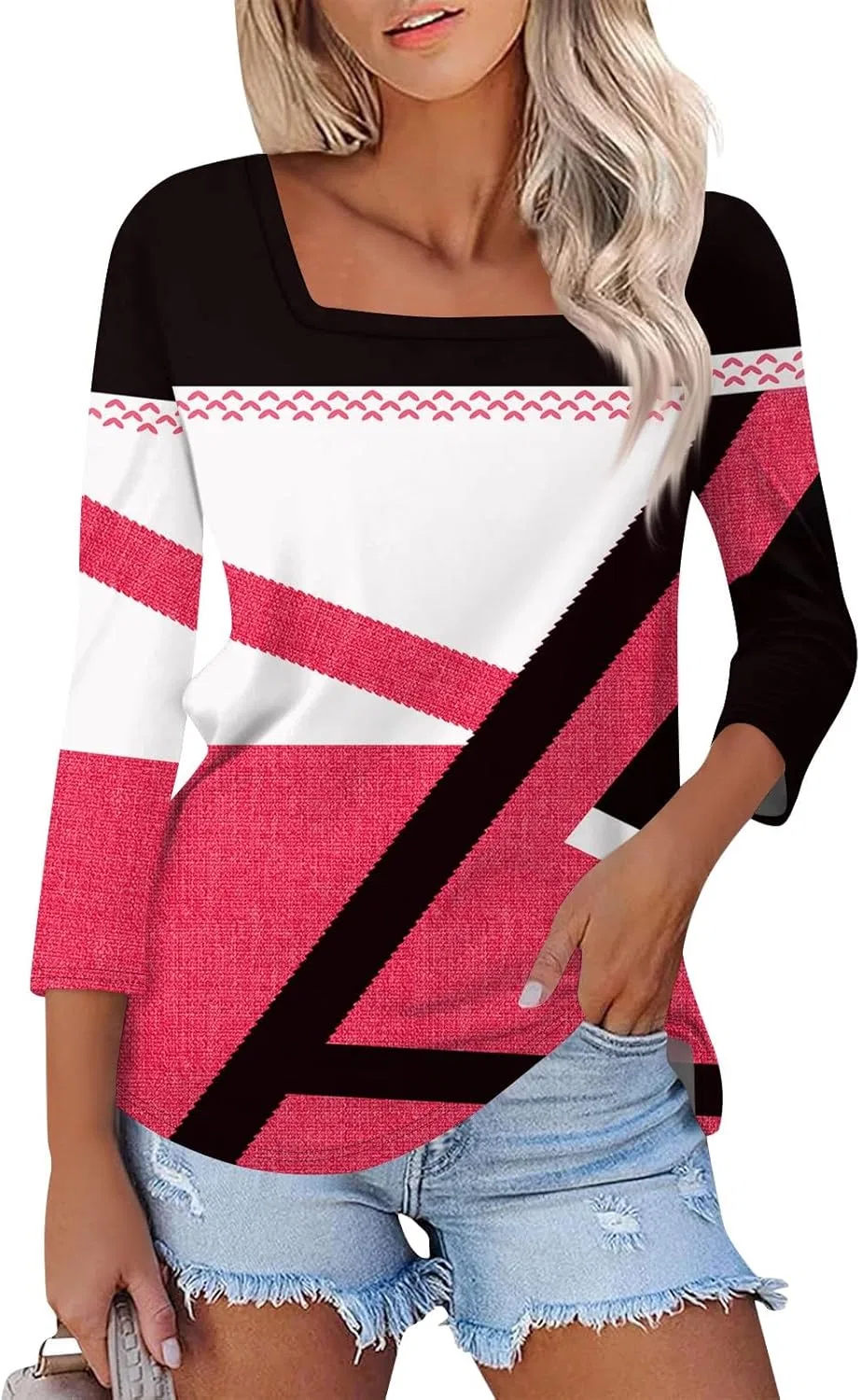 Футболка с квадратным вырезом, 3/4 рукав, Hot Pink, размеры S-3XL