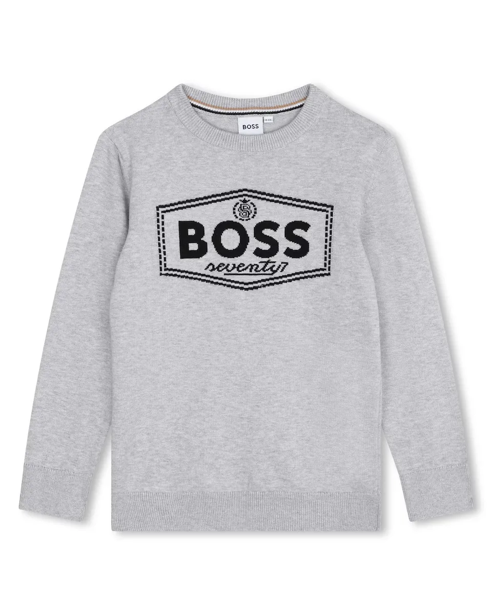 

Свитер для мальчика с логотипом спереди и круглым вырезом BOSS Kidswear, светло-серый