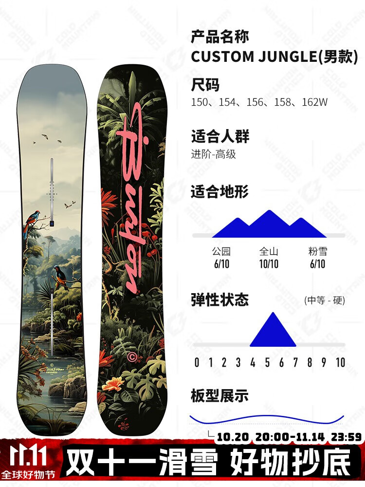 

JONES Горнолыжная доска BURTON All-Mountain Carve Park, унисекс, модель CUSTOM-Jungle, 162 см