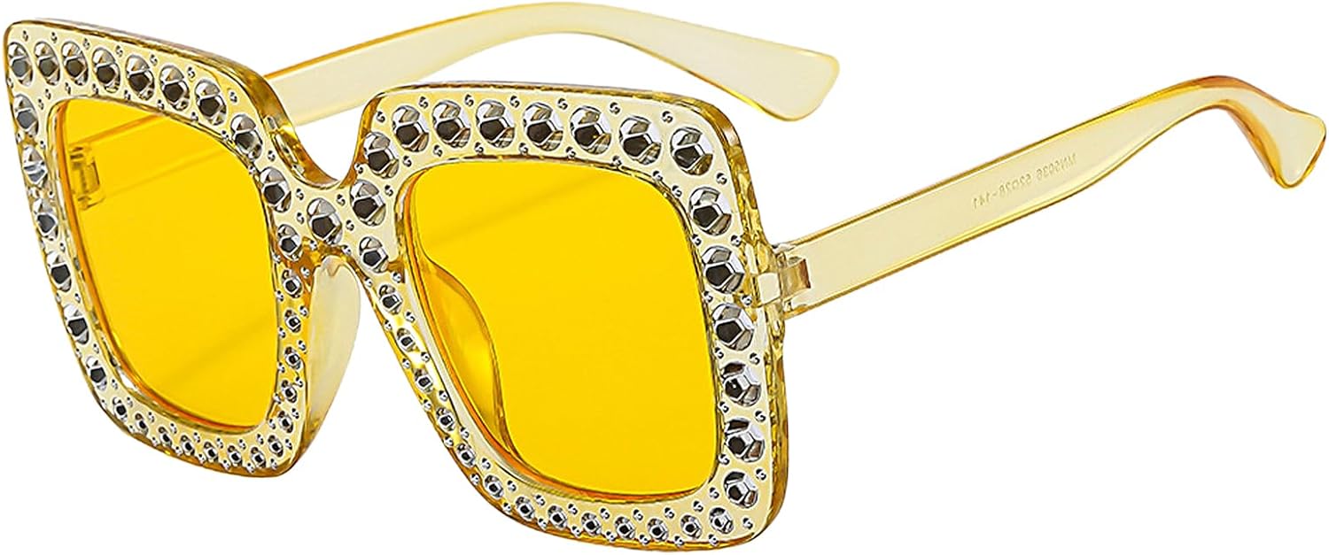 

Солнцезащитные очки со стразами | Солнцезащитные очки с защитой от УФ-излучения - большие женские солнцезащитные очки, модные очки в крупной квадратной оправе Generic, Yellow