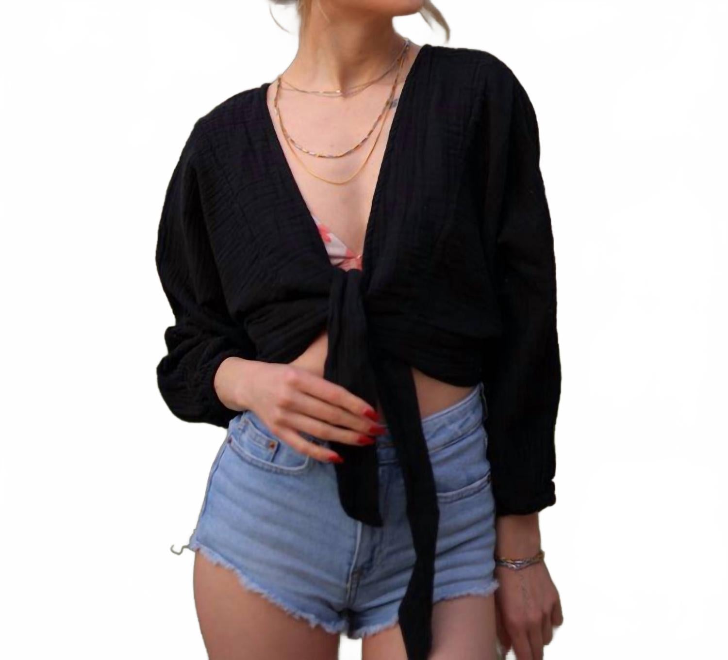 

Хлопковый топ-халат с жатым узором, черный Moa, черный