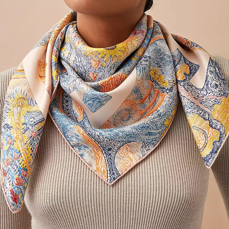 HERMES Шёлковый шарф женский светло-розовый голубой жёлтый, Light Pink/Blue/Yellow — фото 2