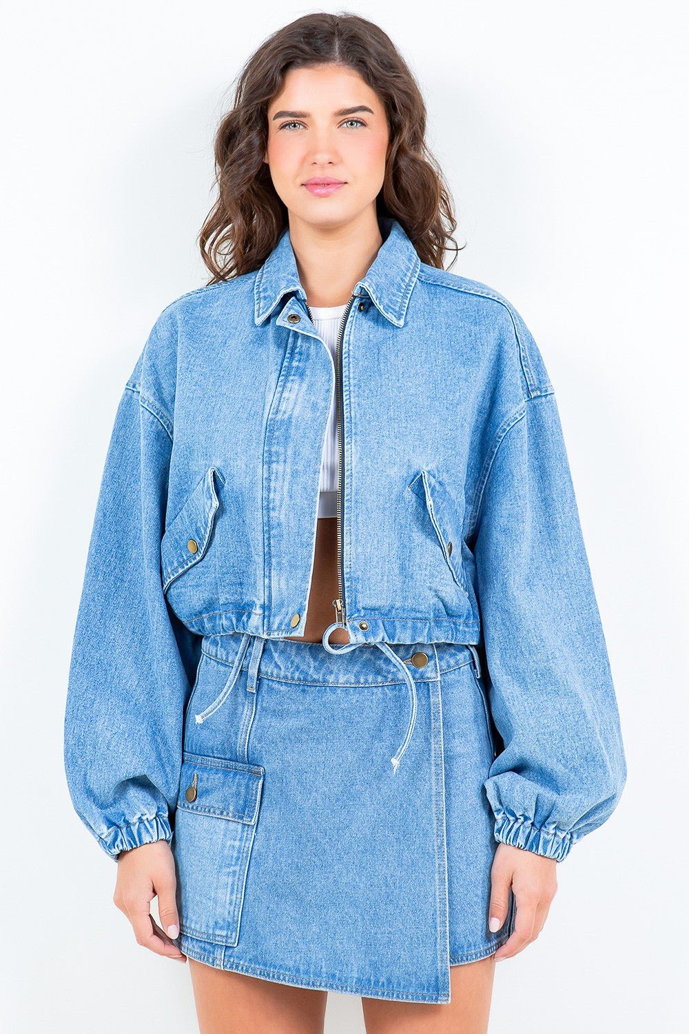 

Укороченная джинсовая куртка с завязками на талии FASHNZFAB, синий