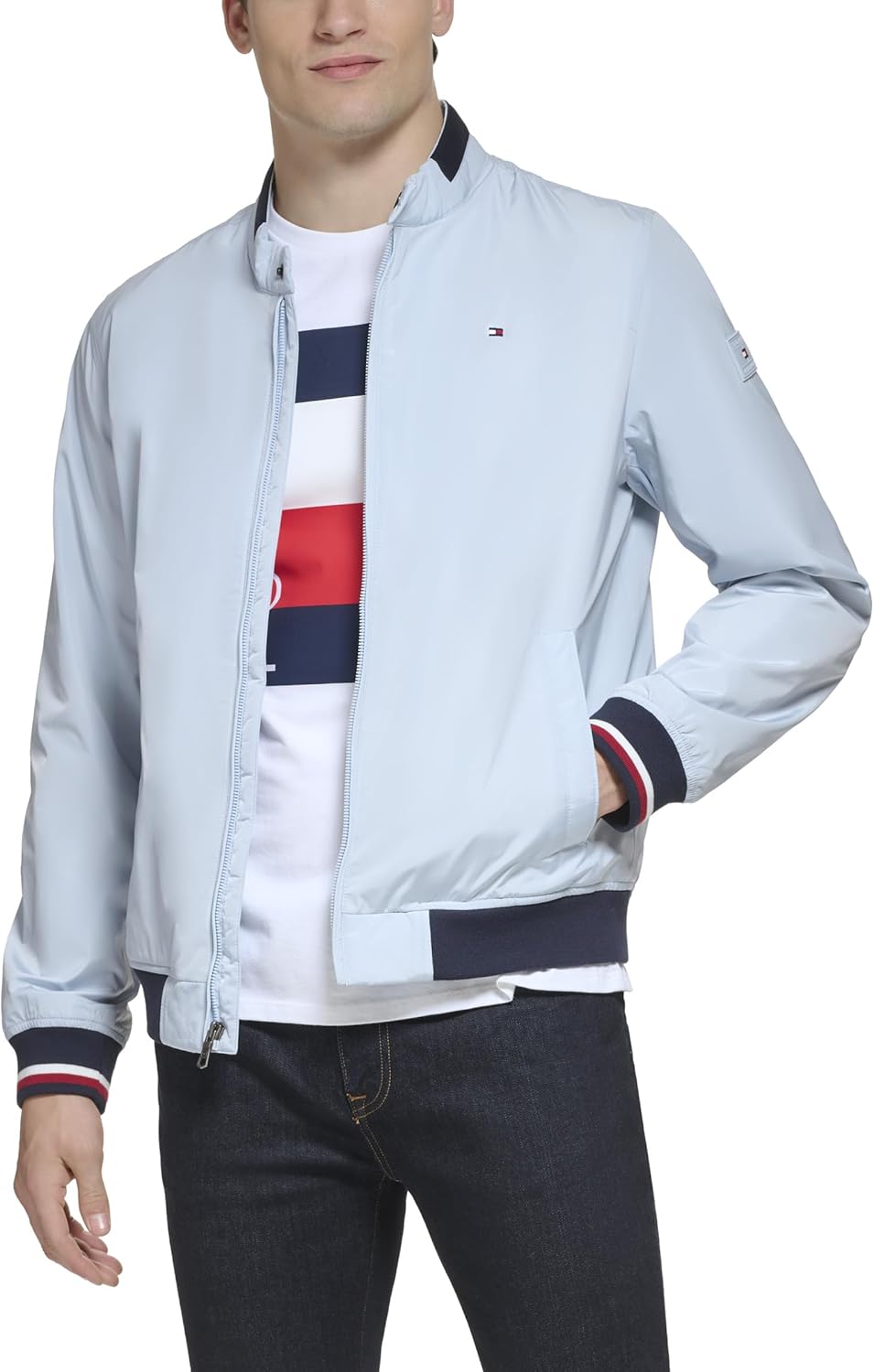 Легкая мужская куртка-бомбер Tommy Hilfiger Varsity Rib Knit, Pastel Blue — фото 2