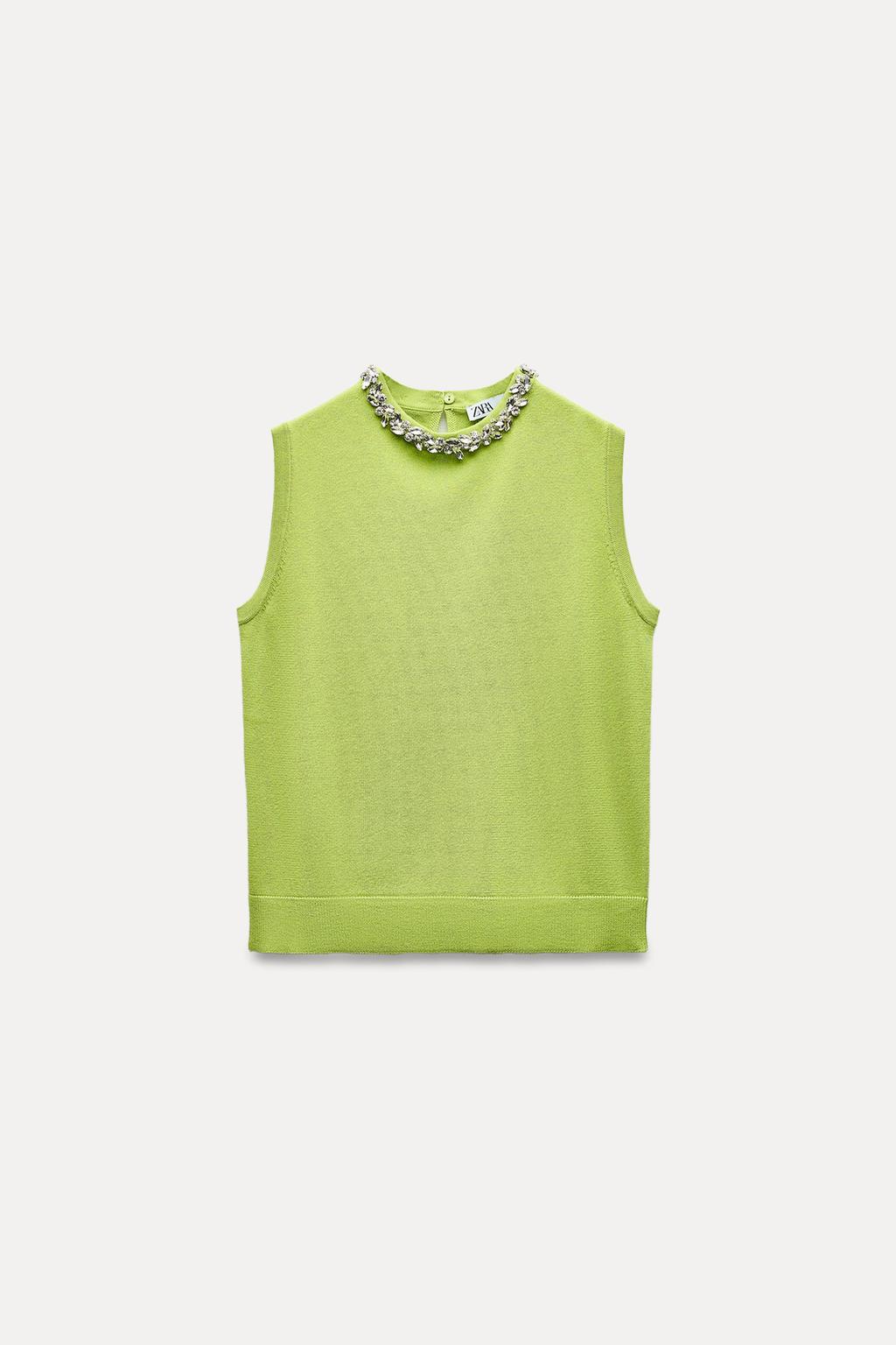 

Однотяжной трикотажный топ с бусиной из страз ZARA, цвет fluorescent lime