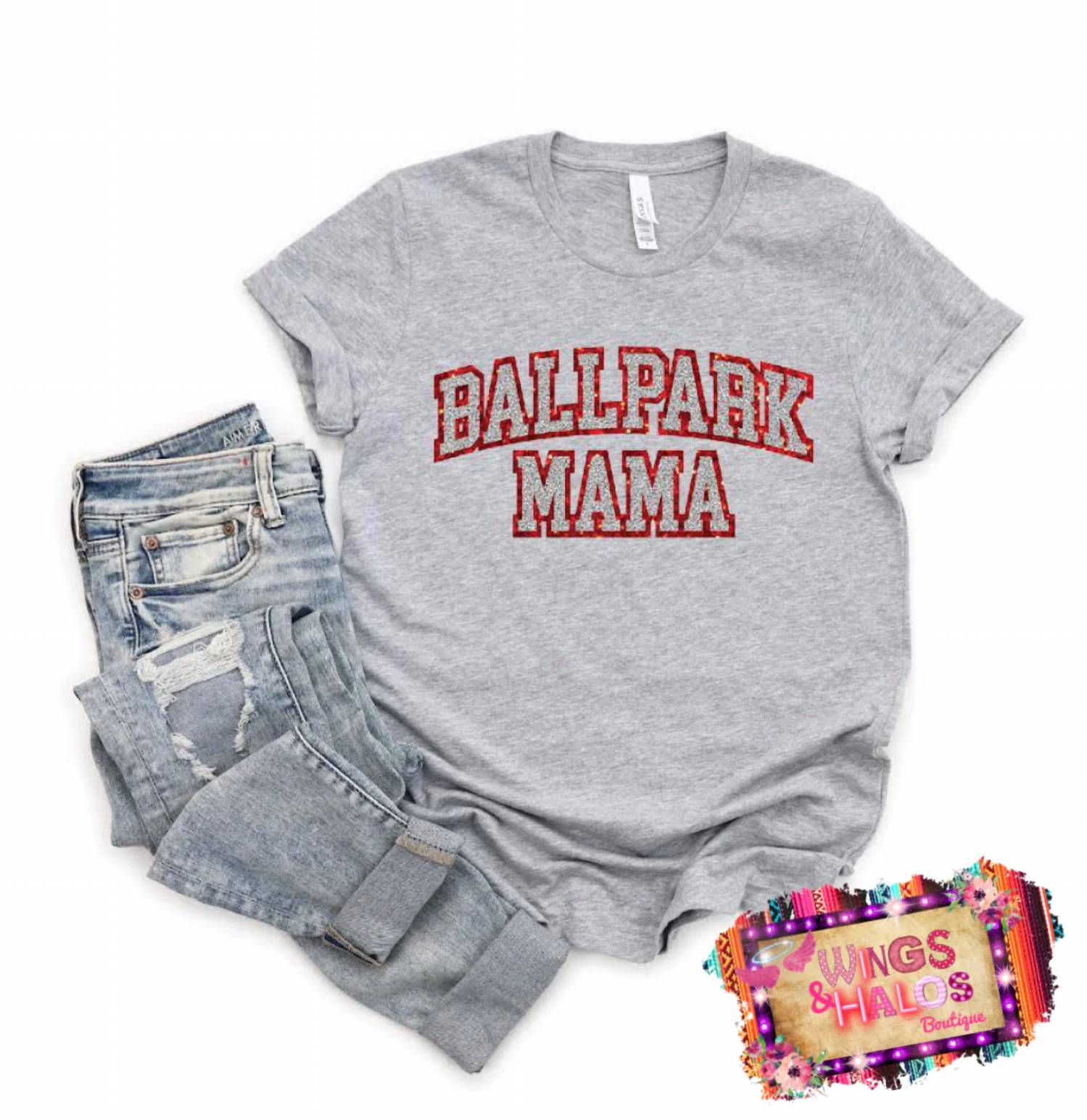 

Футболка Ballpark Mama Glitter серого цвета She Shed