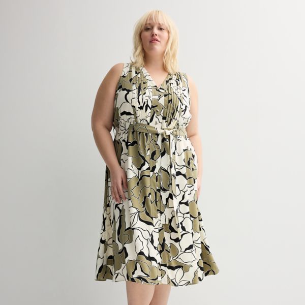 

Платье миди без рукавов с защипами больших размеров Nine West, цвет green crystal bloom