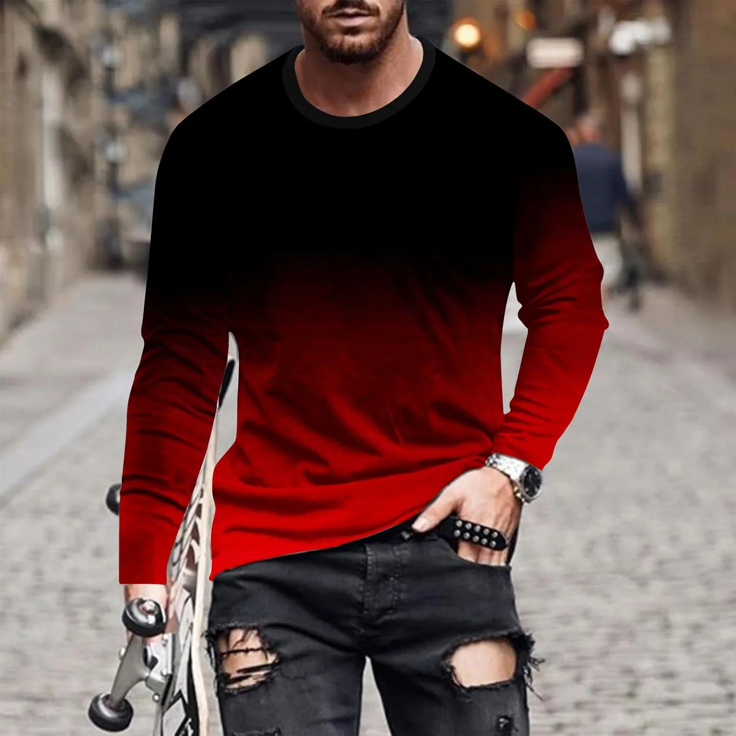 Мужская футболка с градиентным тай-даем, длинный рукав, Slim Fit — фото 2