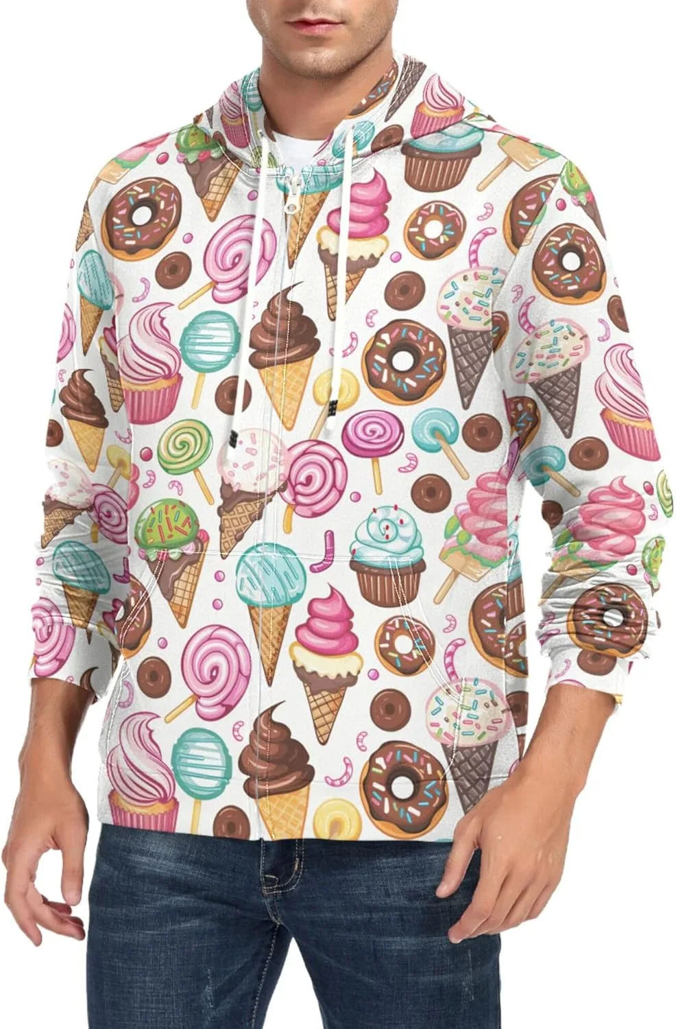 

Мужской худи на молнии с принтом Donuts Cake Ice Cream и карманом CUPADA