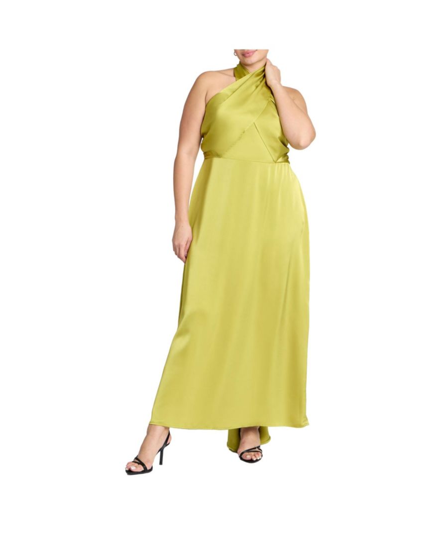 

Женское макси-платье большого размера из атласа с воротником-халтером ELOQUII, Warm olive