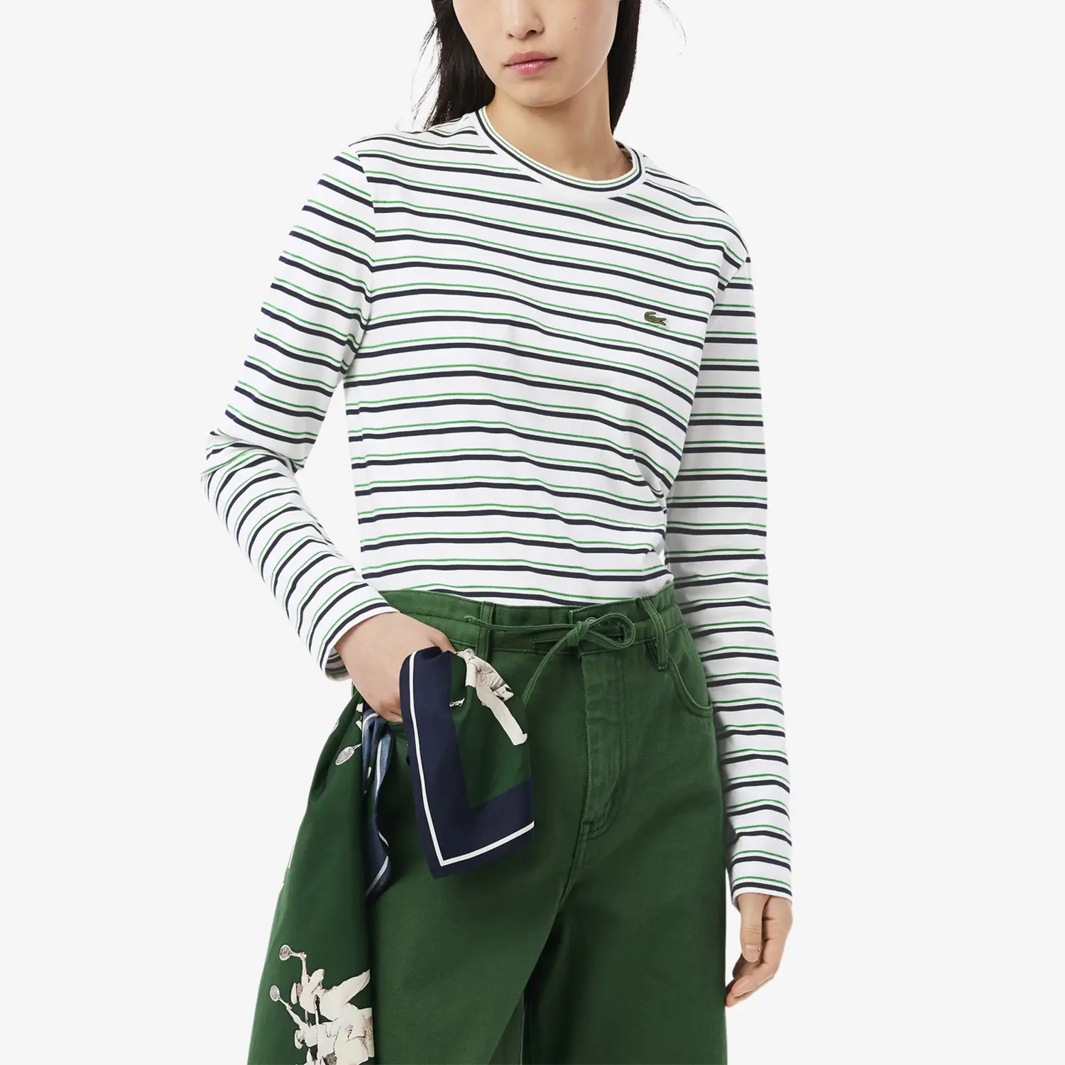 Футболка Lacoste SS25 Women's, полосатая, зелено-белый/темно-синий — фото 2