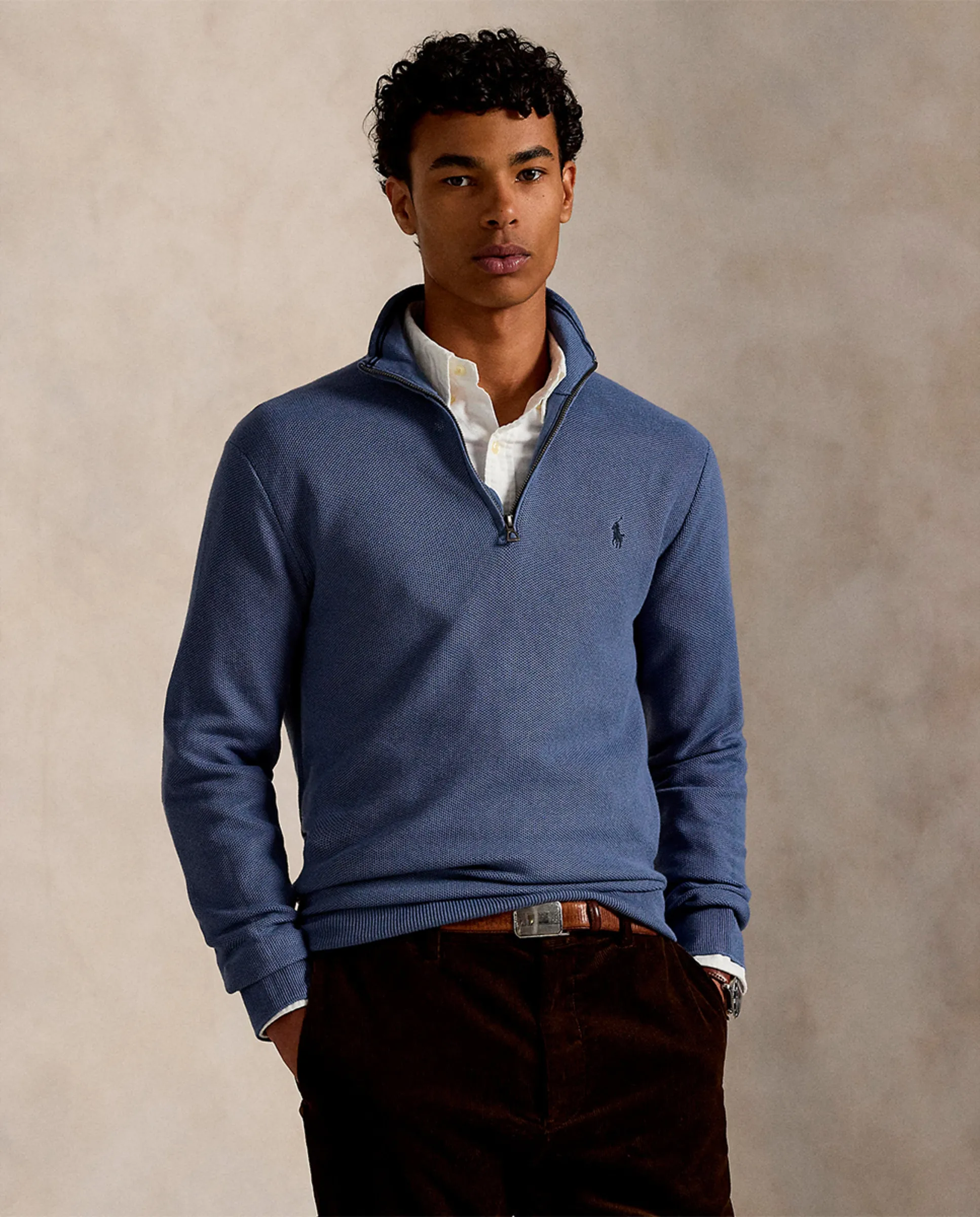 

Мужской свитер из пике и хлопка с короткой молнией Polo Ralph Lauren, голубой