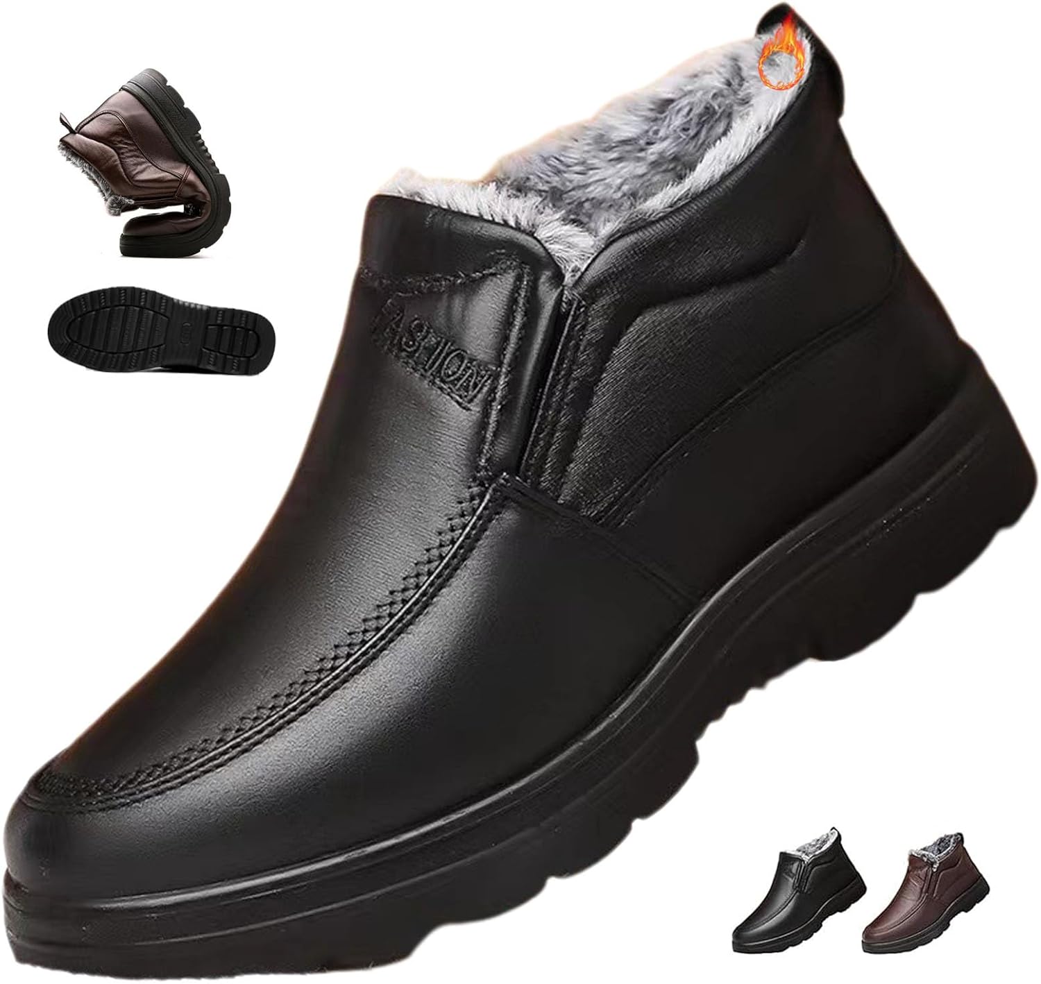 

Мужские зимние снегоходные сапоги из кожи с теплой меховой подкладкой, мужские зимние водонепроницаемые кожаные ортопедические ботинки, зимние термоботинки с противоскользящей подошвой для пожилых мужчин Generic, черный