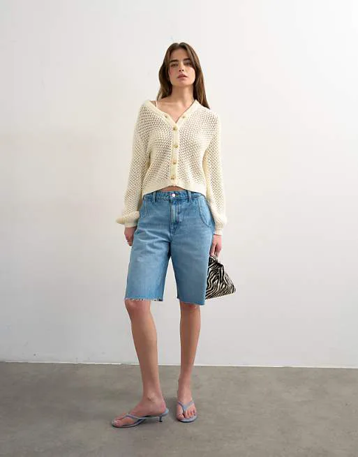 

Вязаный кардиган ажурной вязки Topshop цвета слоновой кости