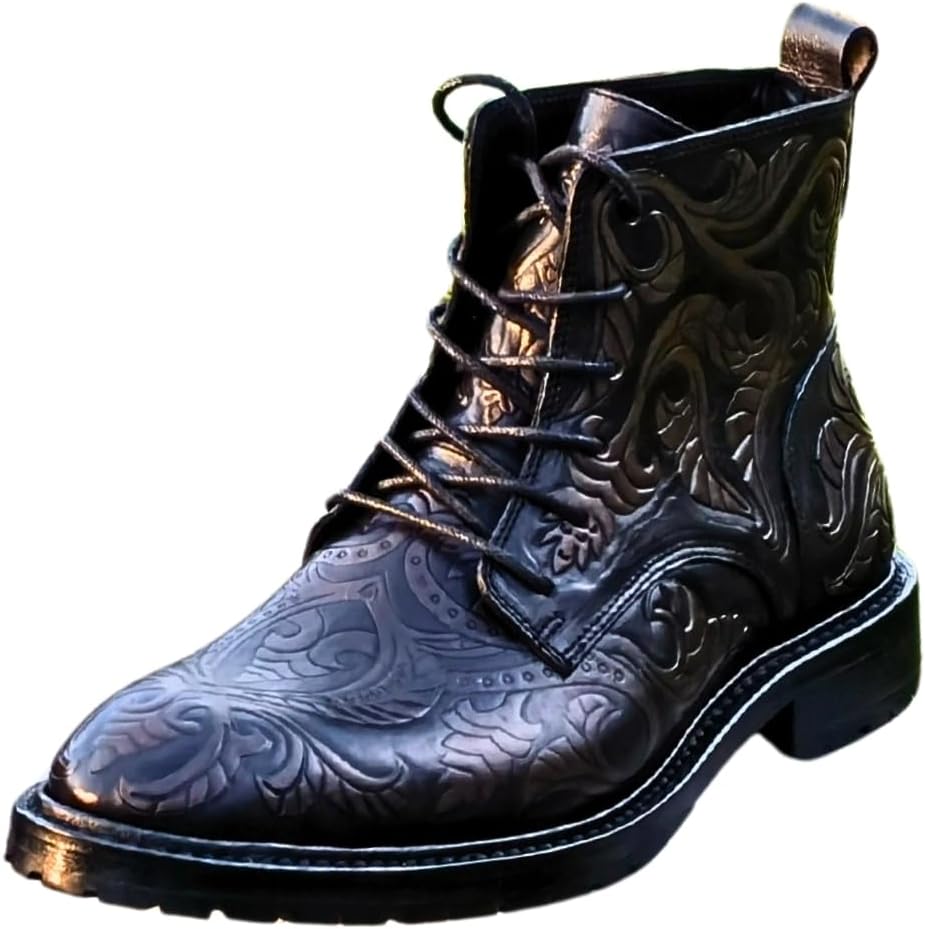 

Мужские кожаные боевые ботинки, с ручным тиснением, с прошитым верхом, черные, до середины голени Hawecobo