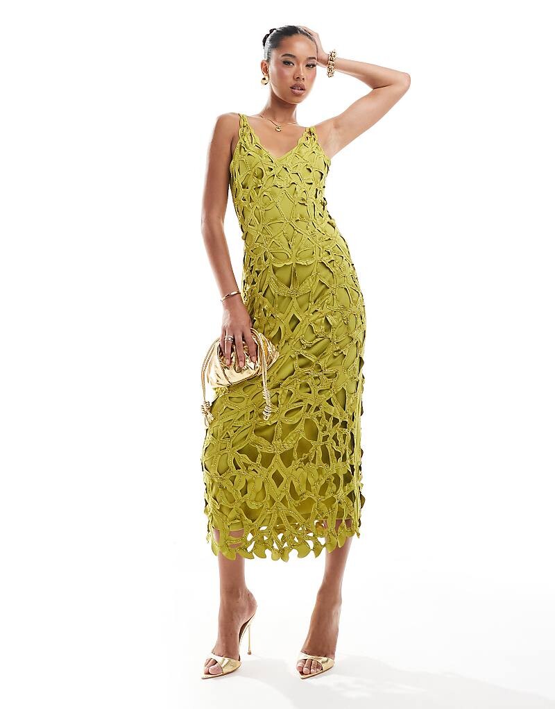 

ASOS DESIGN – Желто-зеленое платье миди с ажурным декором