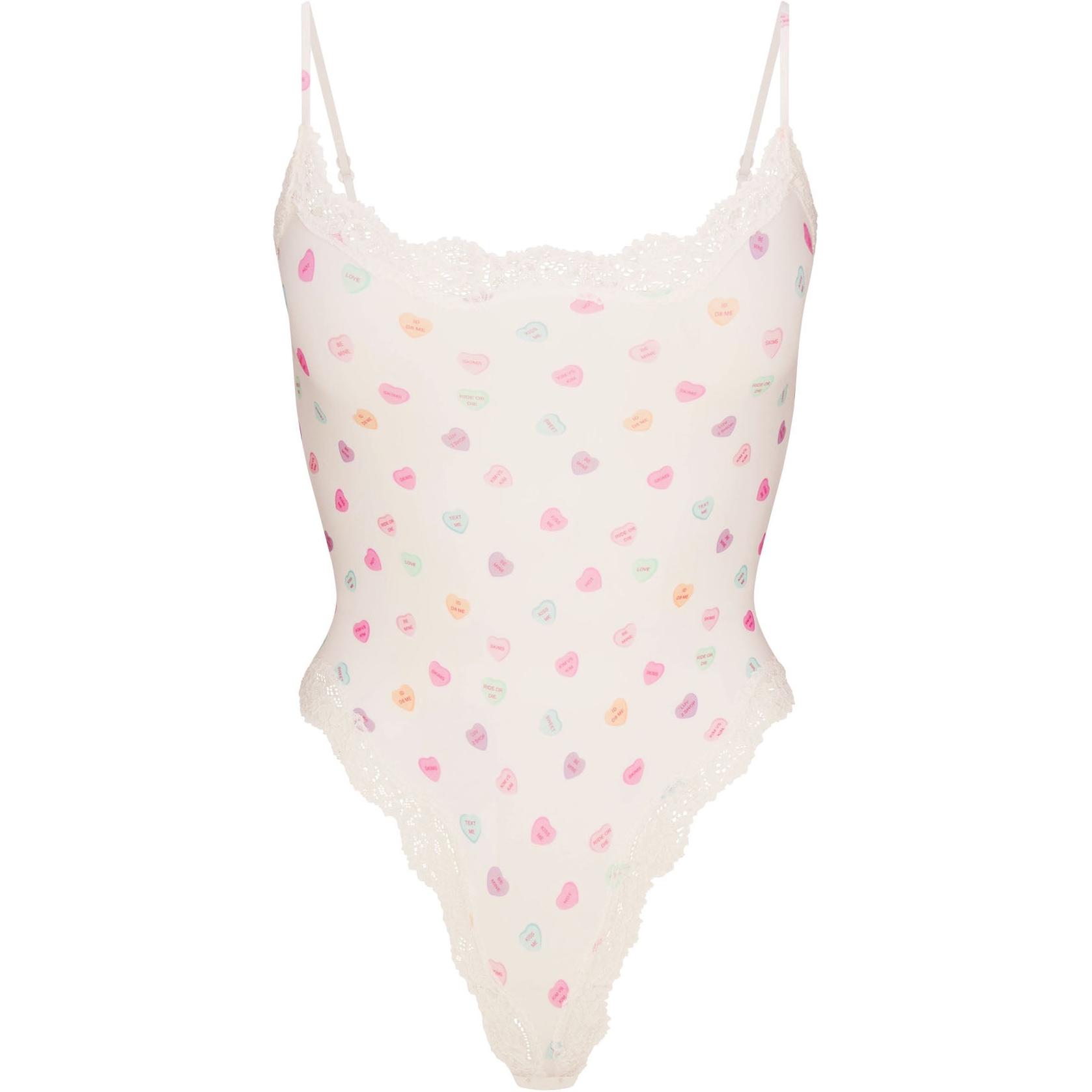 

Valentine's Day Collection SS25 FITS EVERYBODY LACE CAMI BODYSUIT Jumpsuit Women's Marble Candy Heart Print Skims, Marble Candy Heart Print/Marble Candy Heart Print