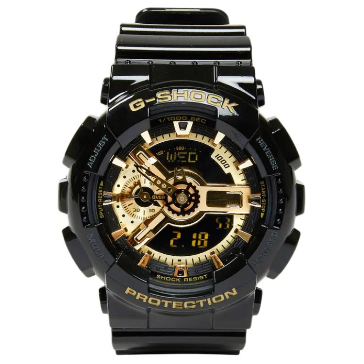 

Молодёжная коллекция Мужские часы G-SHOCK с кварцевым механизмом чёрно-золотого цвета на ремешке из смолы с чёрным циферблатом