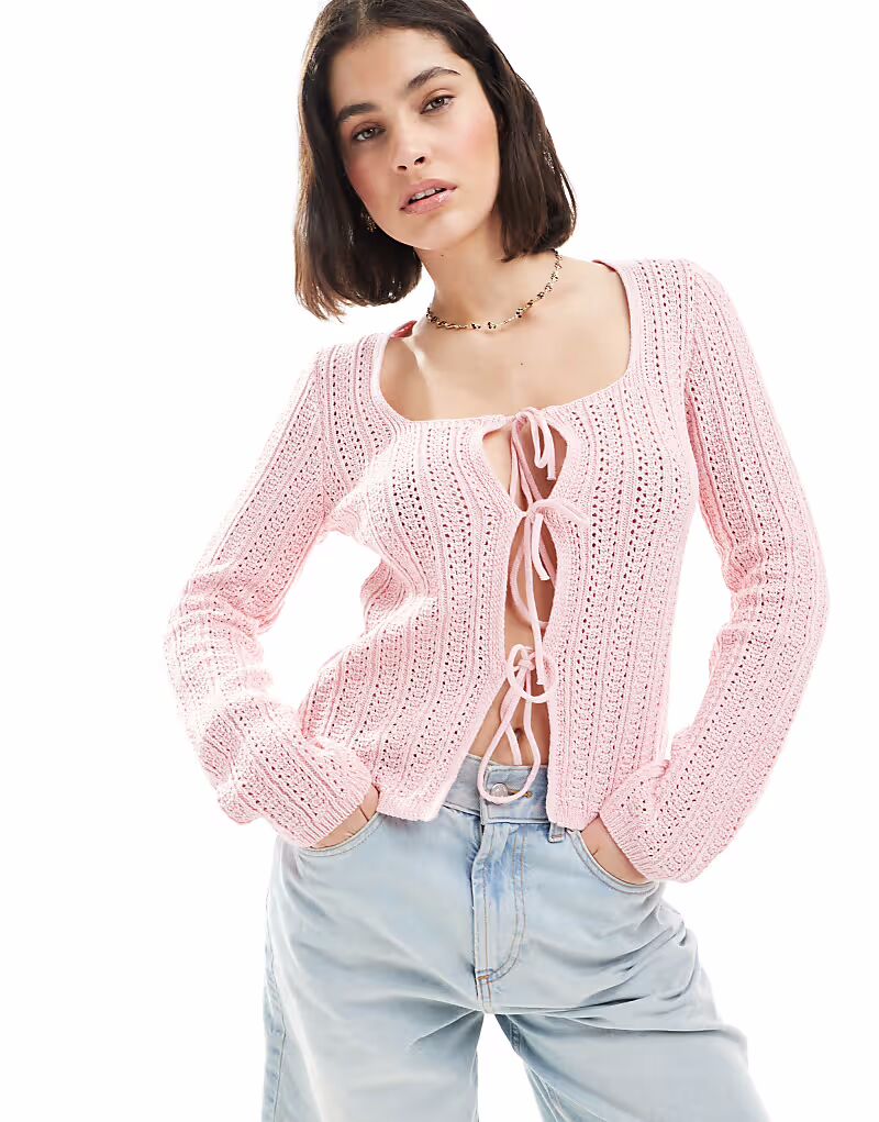

Вязаный кардиган с завязкой спереди, светло-розовый Asos Design