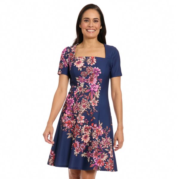 

Женское платье с квадратным вырезом и короткими рукавами, расклешенное к низу London Times, цвет navy pink
