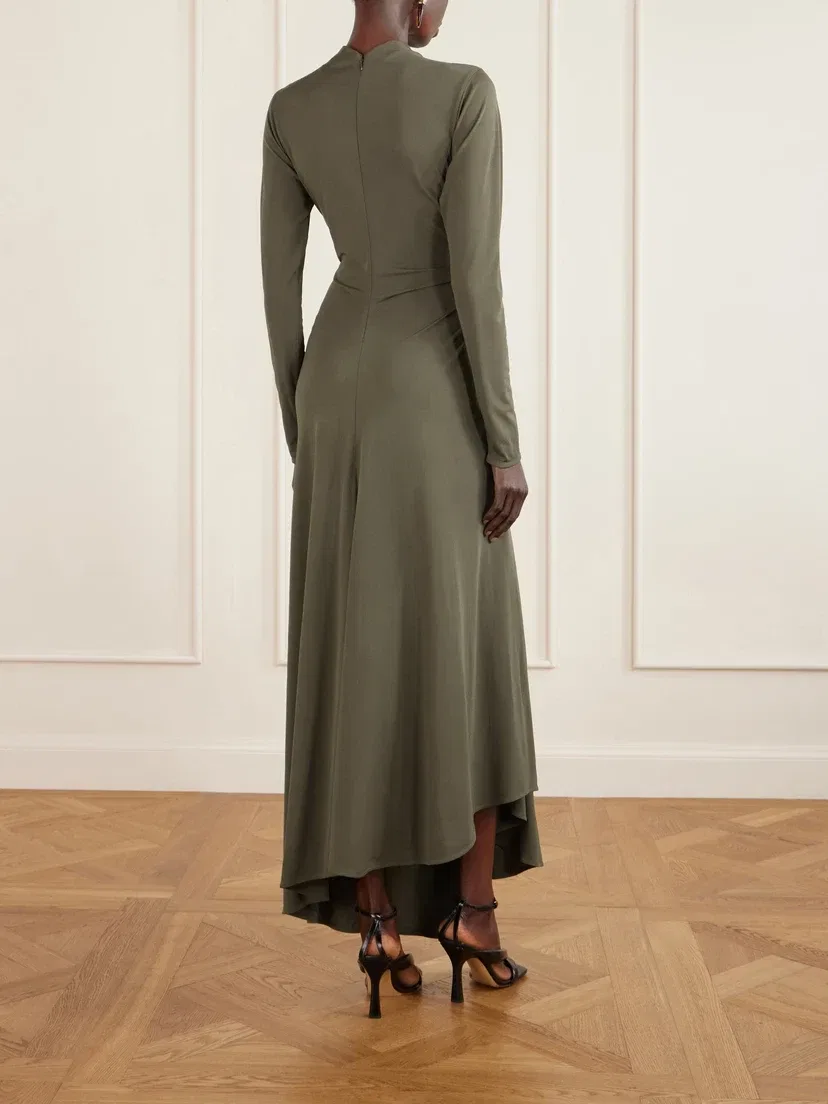 Асимметричное макси-платье из джерси с драпировкой и вышивкой BOTTEGA VENETA, бирюзовый — фото 3