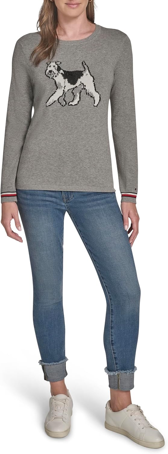Женский повседневный свитер Tommy Hilfiger с круглым вырезом, Medium Heather Grey Multi Terrier — фото 2