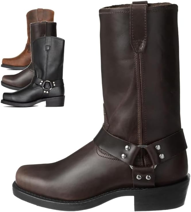 

Мужские вестерн-бутсы HuayoRong средней высоты, классические ботинки с ремешком на щиколотку и квадратным носком, верх из PU-кожи для повседневной носки, темно-коричневый