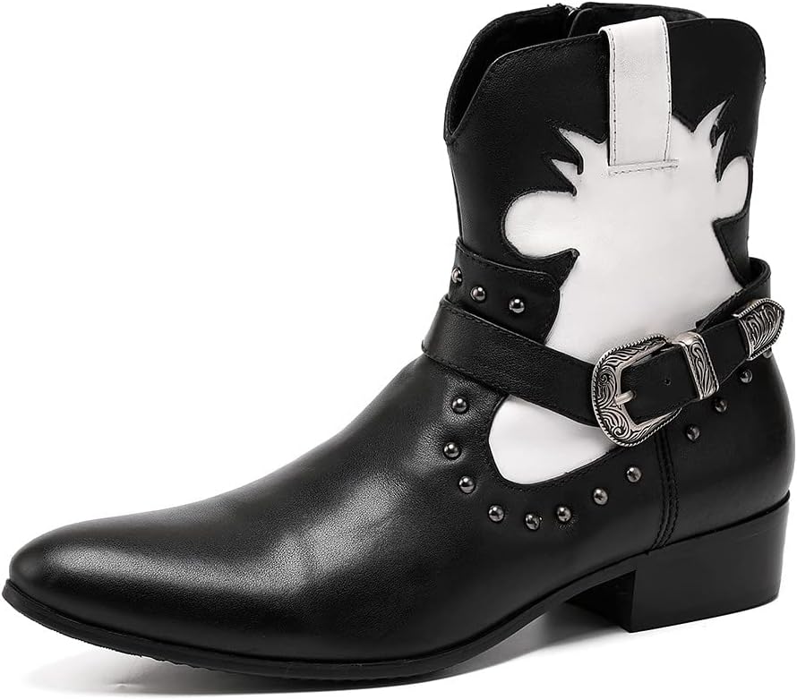 

Мужские повседневные ботинки Santimon Santimon с западным дизайном до щиколотки - ботинки Челси из натуральной кожи с молнией и пряжками для выпускного, бального вечера, дискотеки и свадьбы, черный