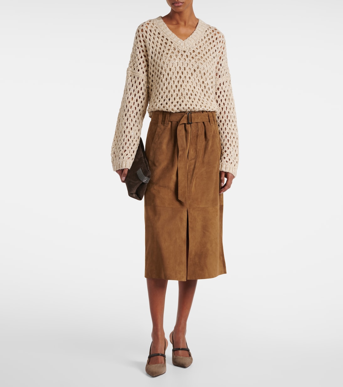 Свитер из смеси шелка и льна с пайетками Brunello Cucinelli, Warm Cream — фото 2