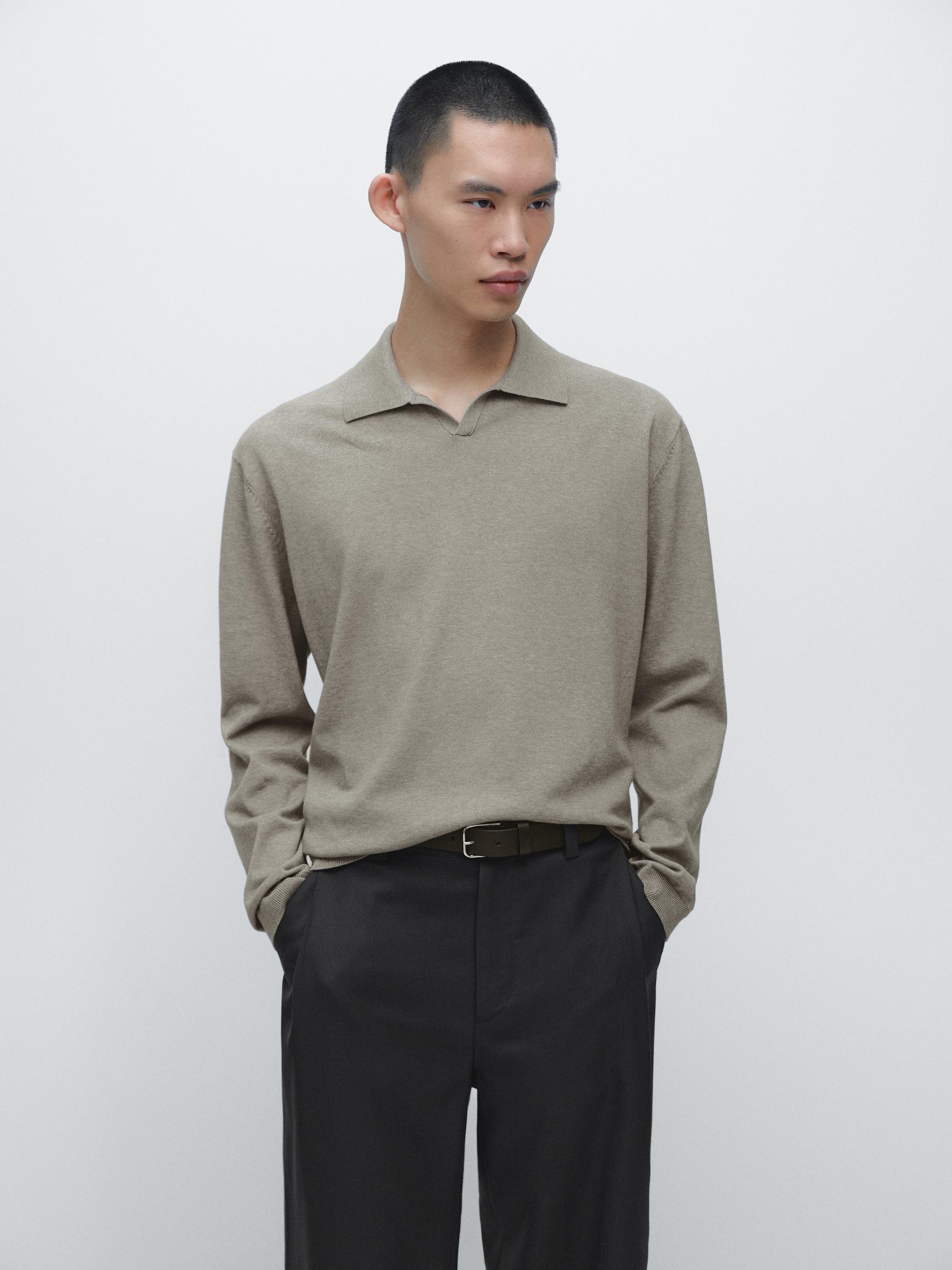 Вязаный хлопковый свитер-поло Massimo Dutti, greyish green — фото 3