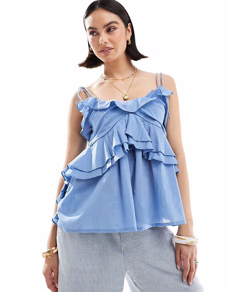 

Топ на бретельках ASOS DESIGN с оборками и завязками синего цвета