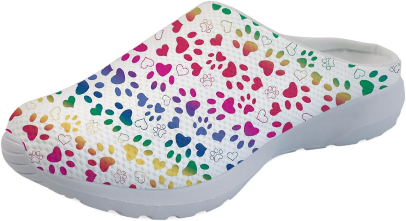 

GLENLCWE Милые мужские сабо с коровьим принтом, женские прогулочные мюли, кроссовки, сетчатые мягкие садовые сабо, легкая водная обувь, Rainbow Dog Paw Print