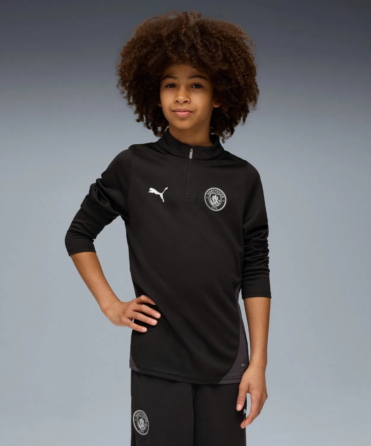 Детская тренировочная куртка PUMA Manchester City FC 1/4 Zip Top, 128-164 см, чёрный с серебром