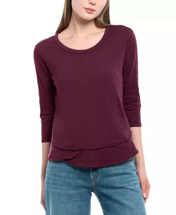 

Футболка с рукавами 3/4, укороченная, с круглым вырезом, имитация многослойной одежды. Wilt Clothing, фиолетовый