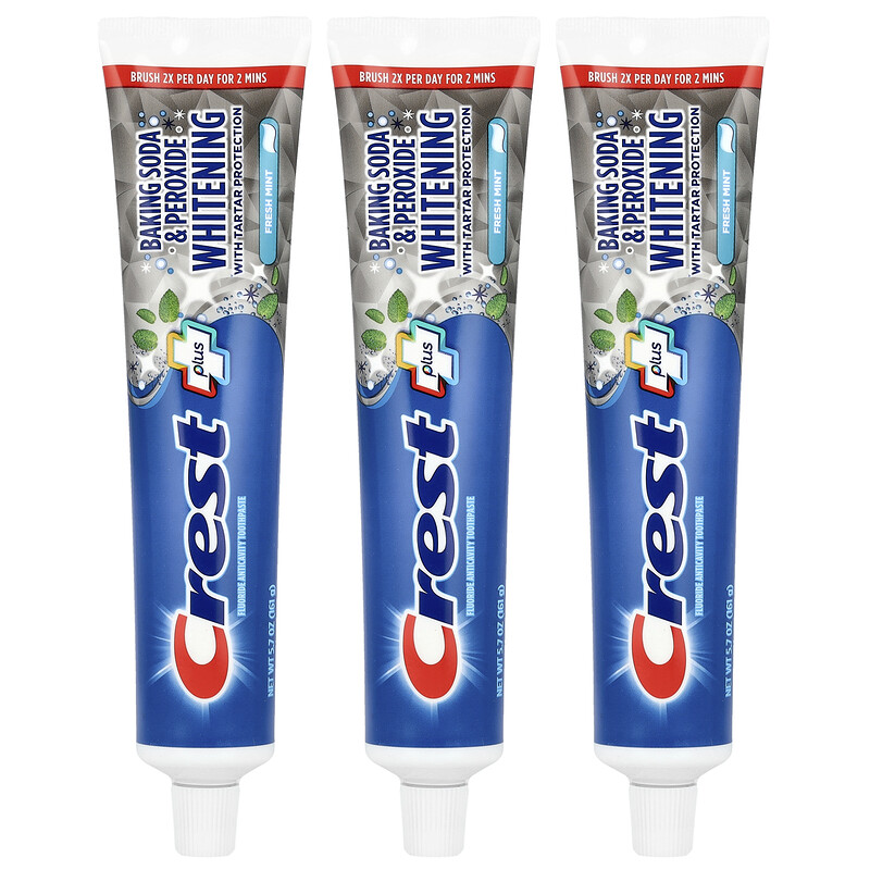 

Crest, Plus, отбеливающая зубная паста с фторидом, пищевой содой и перекисью, свежая мята, 3 шт. по 161 г (5,7 унции) в упаковке