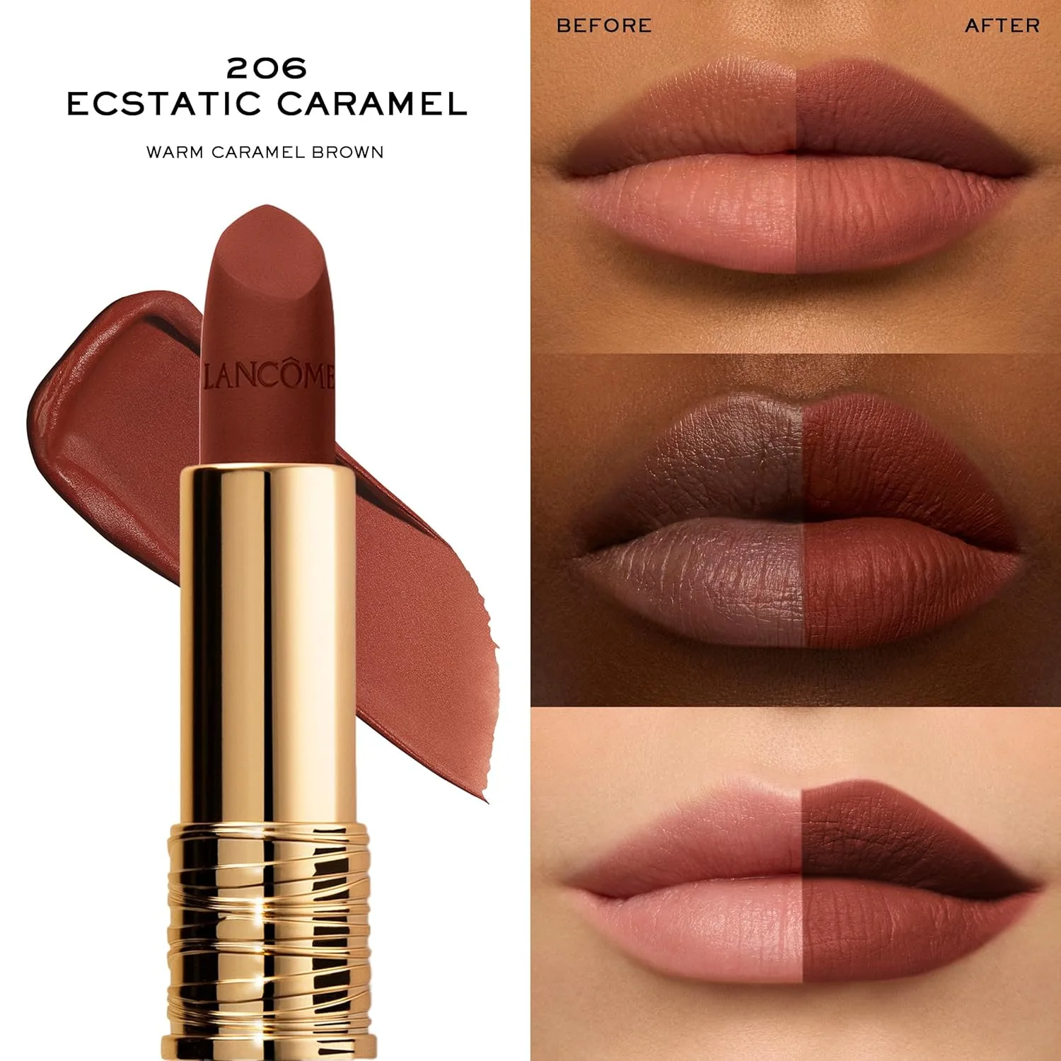 Матовая помада Lancôme L'Absolu Rouge Drama, ультраматовое покрытие, 8-часовое покрытие, керамиды, гиалуроновая кислота, экстракт розы для увлажнения и комфорта, стойкая к размазыванию., 206 Ecstatic Caramel — фото 3
