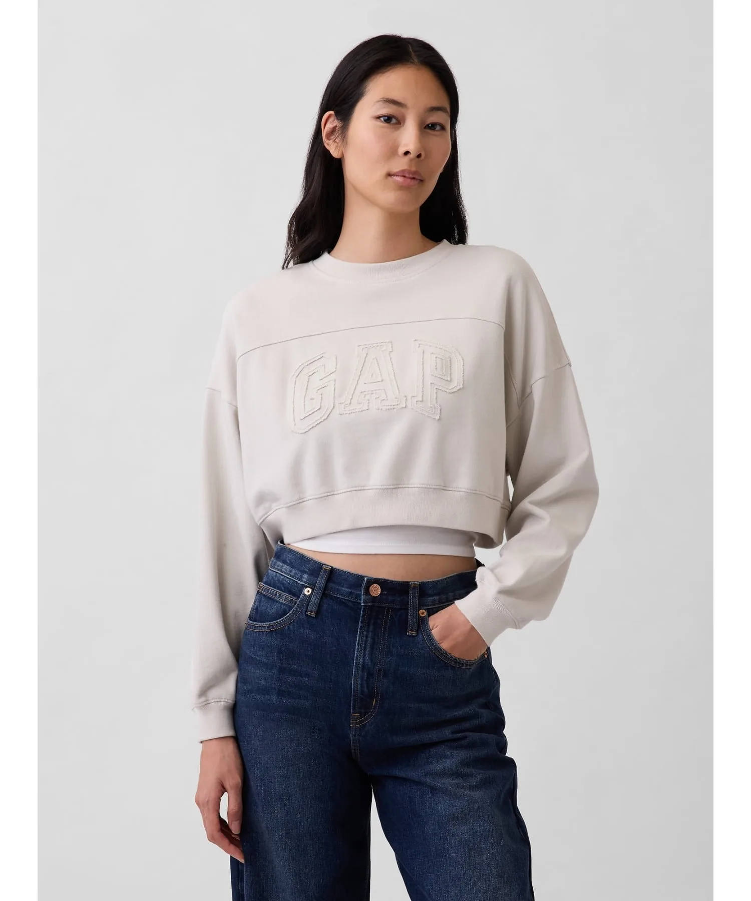 (W) Укороченная толстовка оверсайз с логотипом GAP из французской махровой ткани, REGULAR_GREY