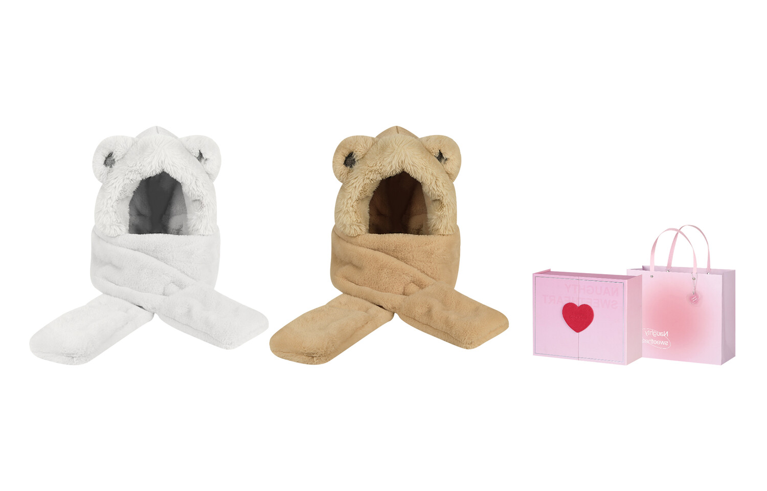 

CMFY Женская плюшевая шапка с капюшоном, 2 шт. (белый + бежевый) + подарочная коробка в горошек