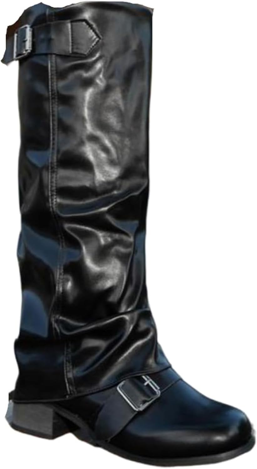 

Женские свободные высокие ботинки до колена с круглым носком, ремешком с пряжкой, повседневные винтажные западные ботильоны, складные верхние ботинки для езды, массивный низкий каблук, платформенные ботильоны, обувь для улицы Movnebyro, черный