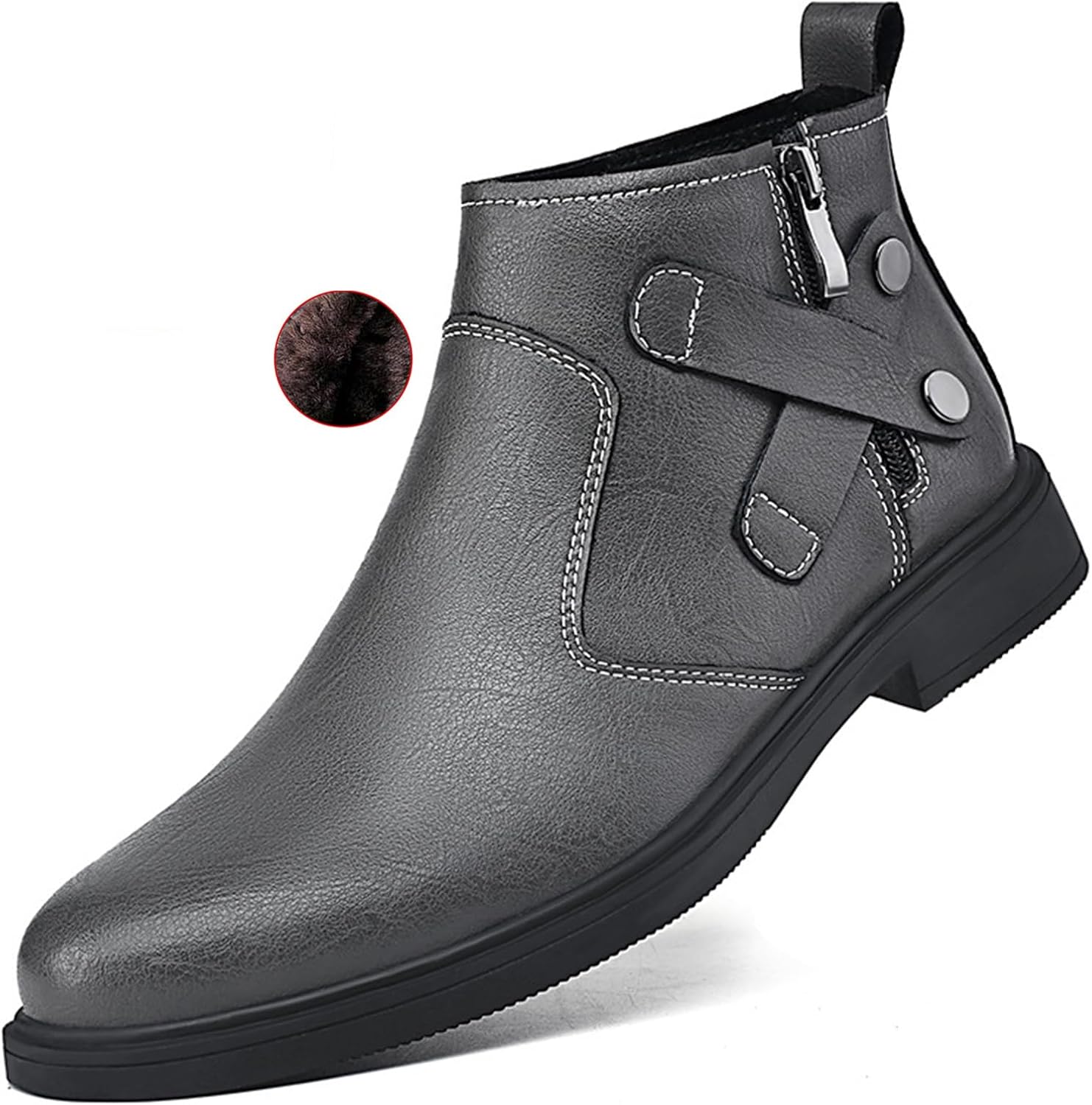 

Мужские остроносые челси из натуральной кожи с боковой молнией, зимние с дополнительным бархатным утеплением, массивным каблуком, нескользящие, классические челси-ботинки, подходят для вождения и работы Nvbuke, серый