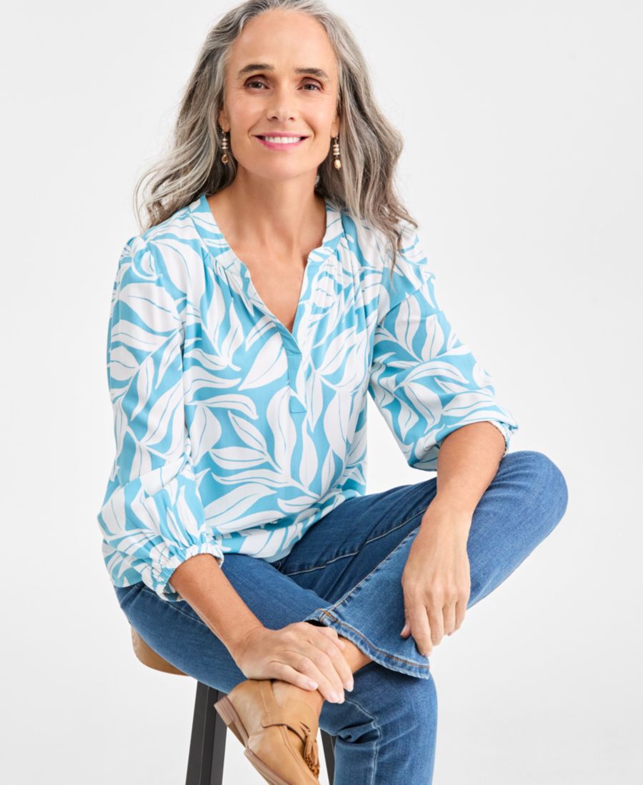 

Женская блузка с принтом и разрезом на воротнике Style & Co, Blue Leaves