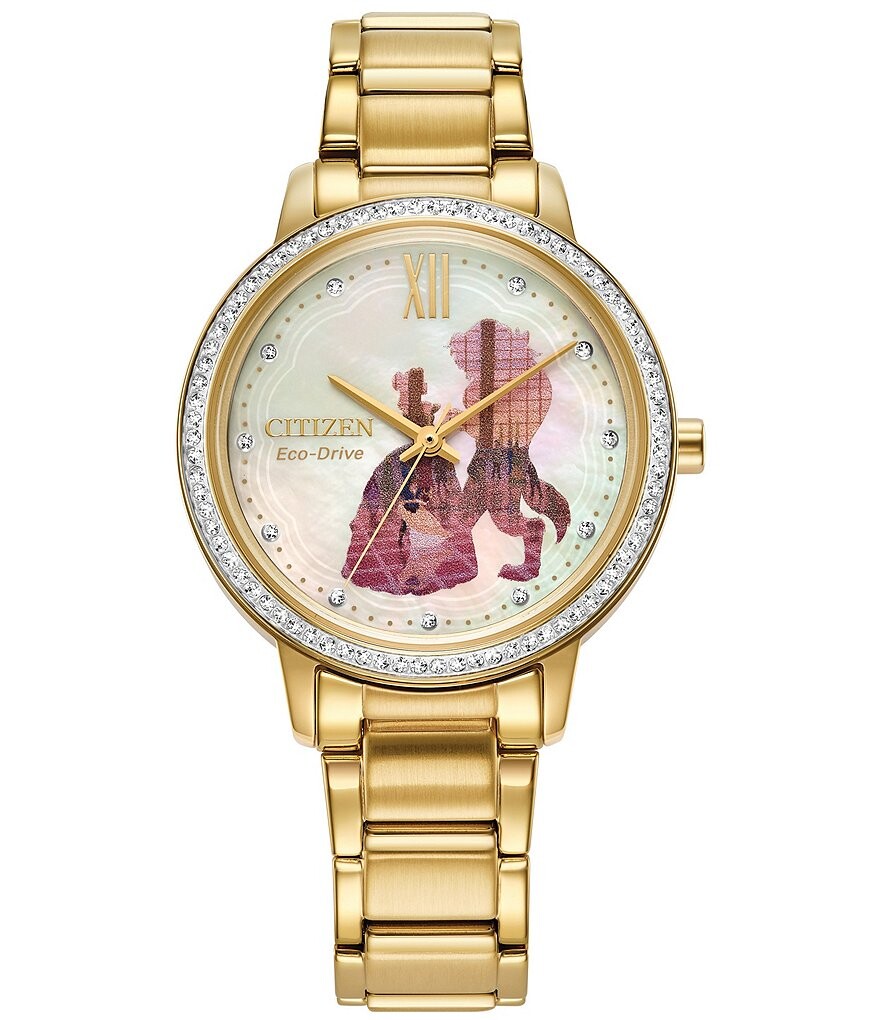 

Женские часы Citizen Disney Collection Belle & Beast с тремя стрелками, золотой браслет из нержавеющей стали и набор булавок