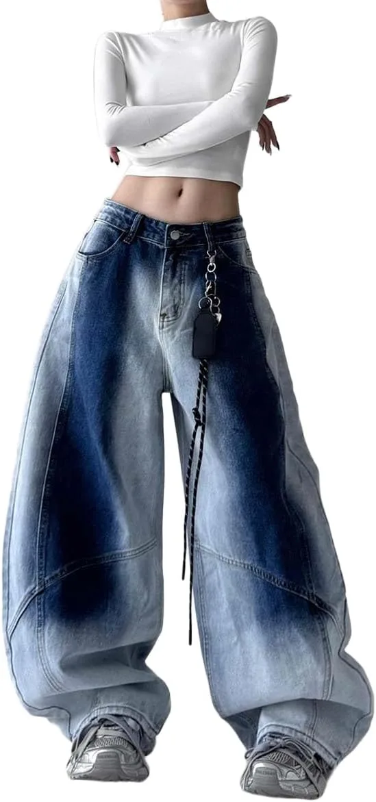 

MLAFE Y2K женские бочкообразные джинсы | свободные бойфренды с широкими штанинами | хип-хоп стритвир с эффектом выцветания