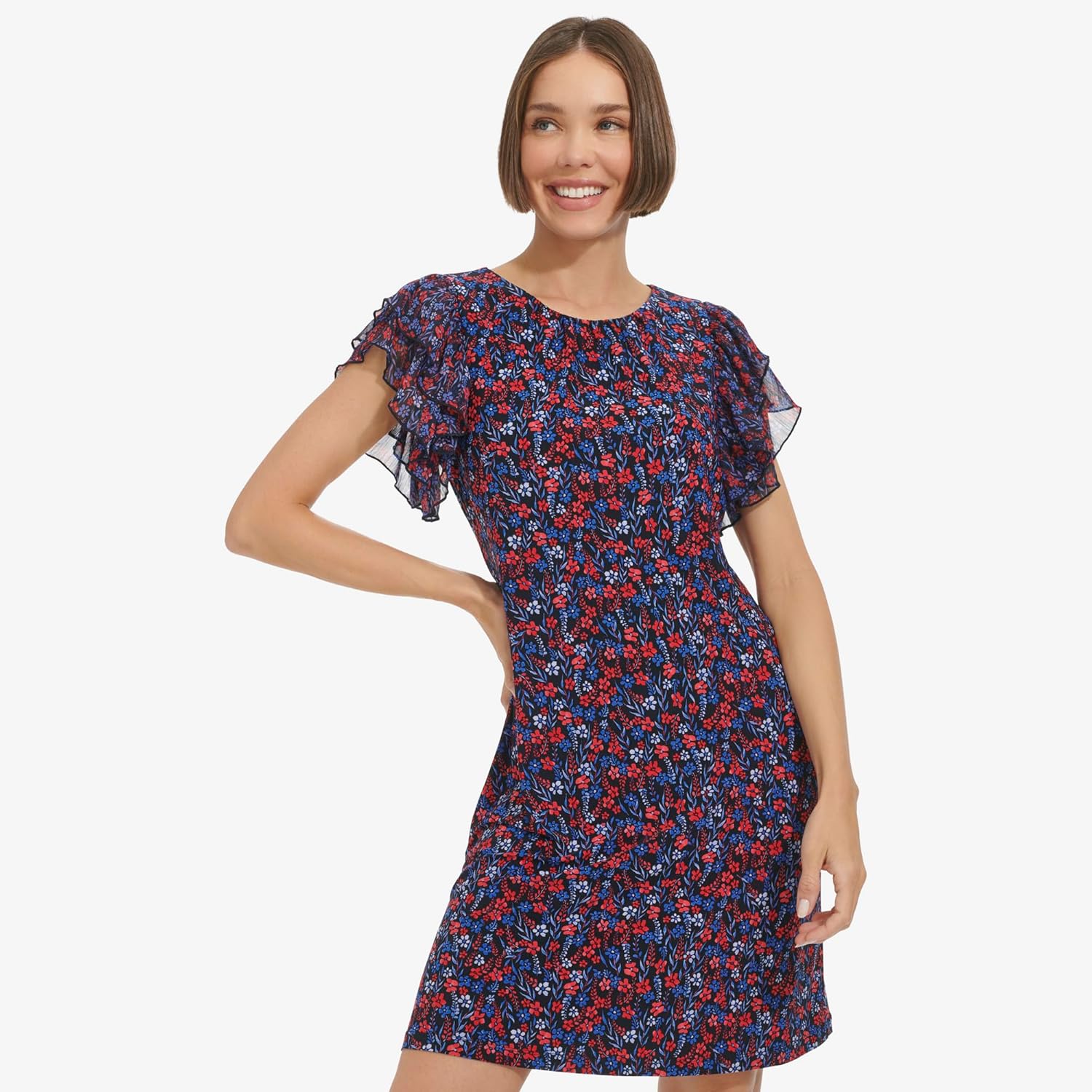 Женское шифоновое платье Tommy Hilfiger с рукавами-крылышками, круглым вырезом и мелким цветочным принтом, Sky Captain/Guava — фото 2