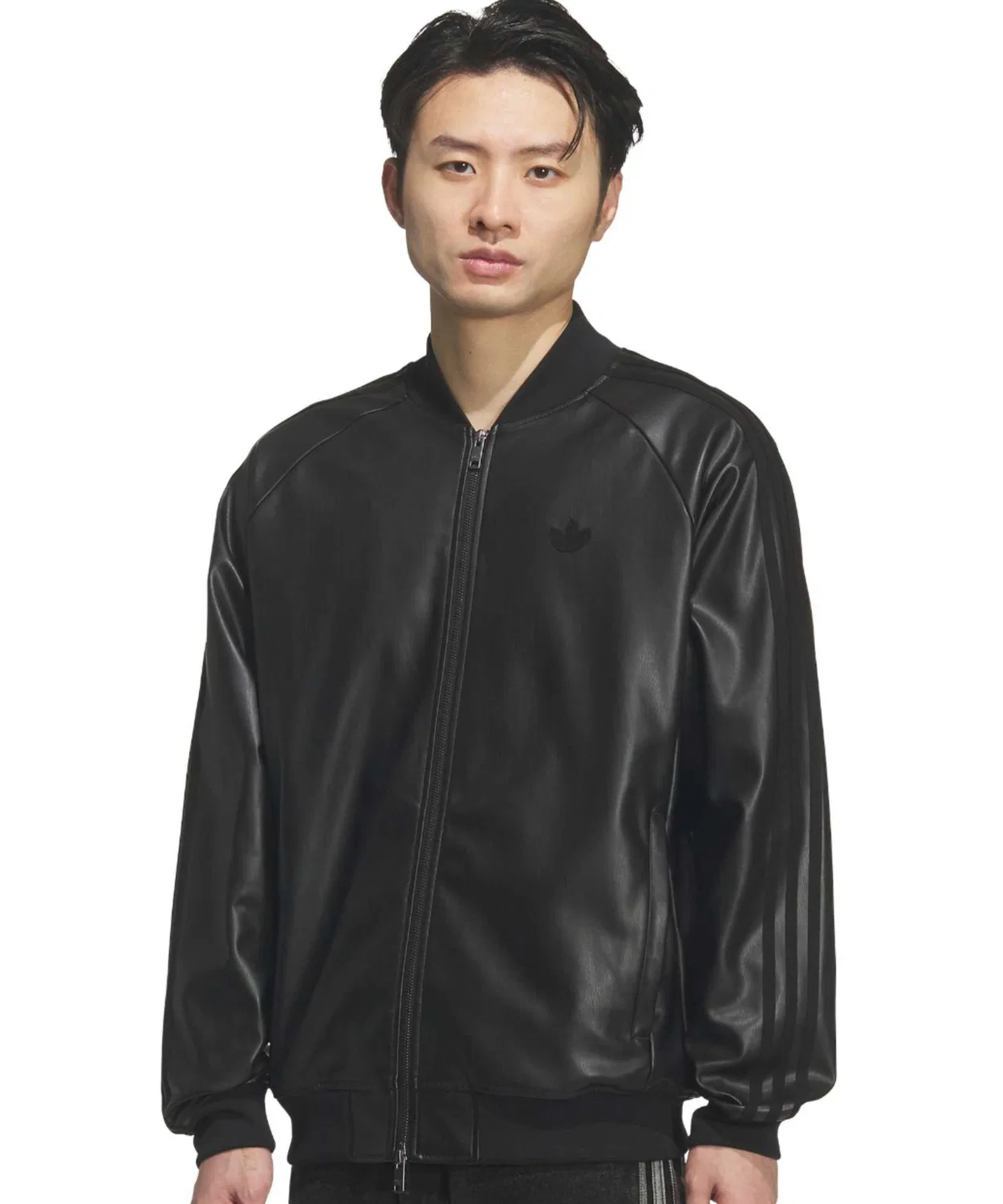 Куртка-бомбер adidas SST PLEATHER TRACK TOP из кожзаменителя, чёрная — фото 2