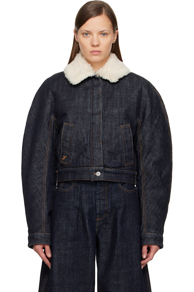 

Jacquemus Темно-Синяя джинсовая куртка-бомбер с принтом "the ovalo de-nîmes"