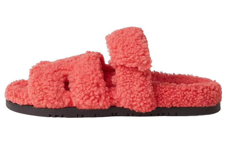 Тапочки меховые Hermès Sherling Rose Du Desert женские, оранжевый