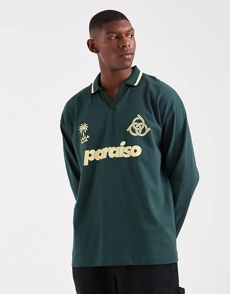 

Свободное поло с длинными рукавами и принтом «Параисо» ASOS DESIGN темно-зеленого цвета