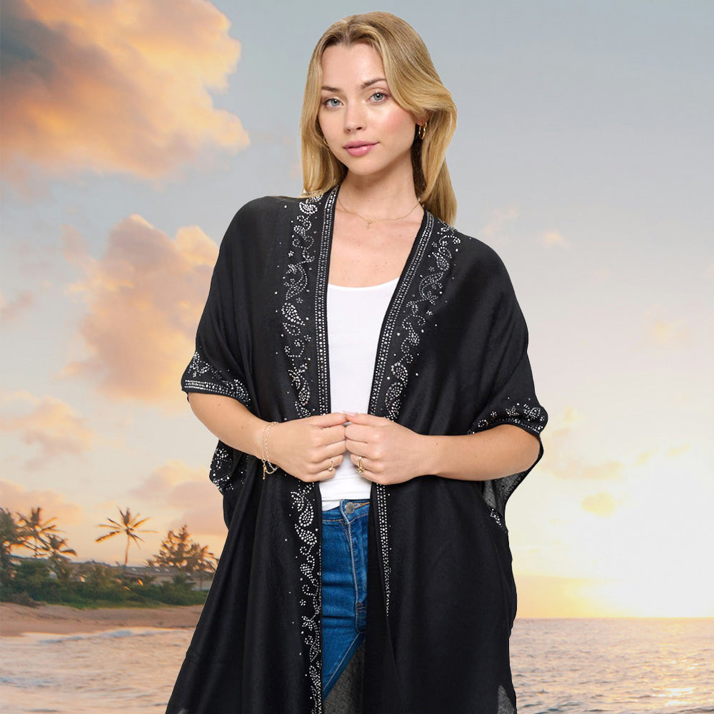 

Блестящая пончо-кимоно с заостренными краями и узором из листьев со стразами TRUEDAMES, черный/серебряный